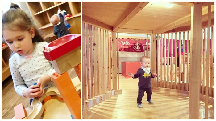 toddler and baby play at minimal design toy museum in Japan